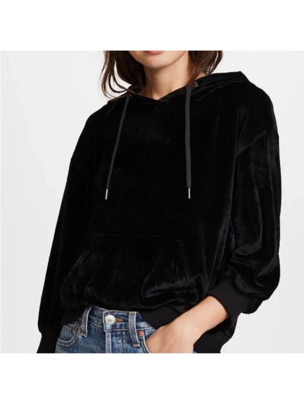 ALICE + OLIVIA Hoodie Sweatshirt M Black Velour Velvet Three-Quarter Sleeve Luxe